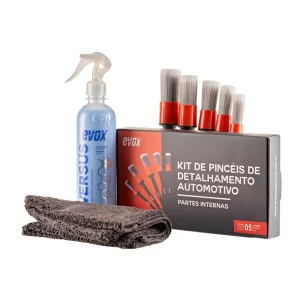 Kit Limpeza Interna Premium: 5 Pincéis Sintéticos Flexíveis Não Risca + Limpador Plástico Interno Protetor Spray Versus 500ml + Toalha Microfibra 410GSM Sem Costura Felpuda